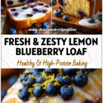 Golden Lemon Blueberry Bread loaf topped with fresh blueberries and lemon zest, a healthy blueberry dessert idea.